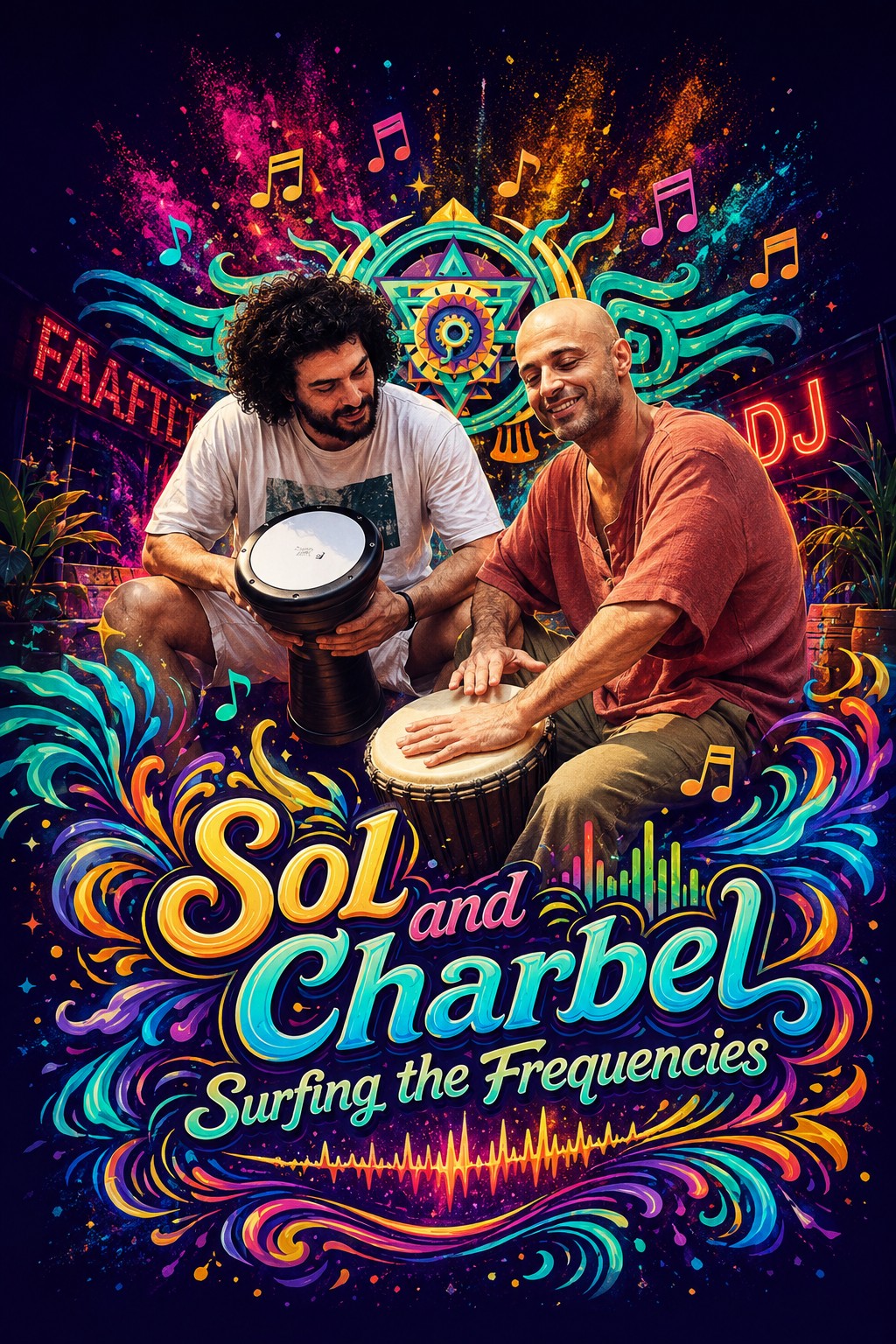 Sol and Charbel — Surfing the Frequencies, illustrated poster