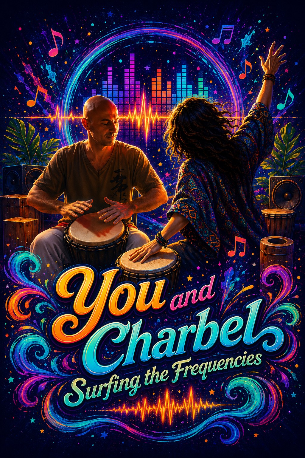 You and Charbel — Surfing the Frequencies, illustrated poster